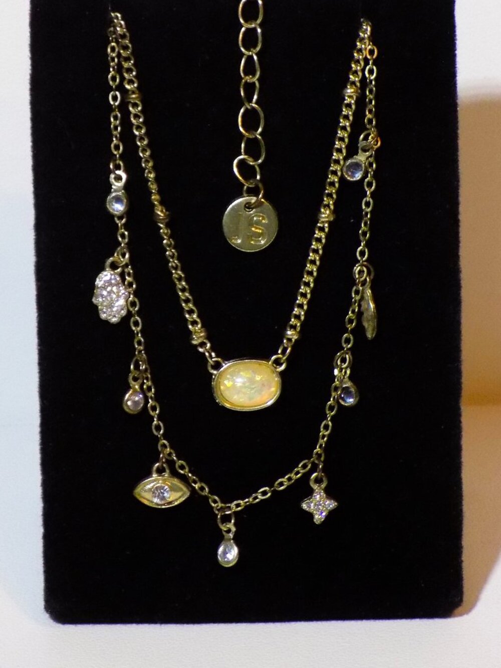 Vintage Signed JS Dainty 2-Tier Charm Necklace.  Crystals, Rhinestones, Eye